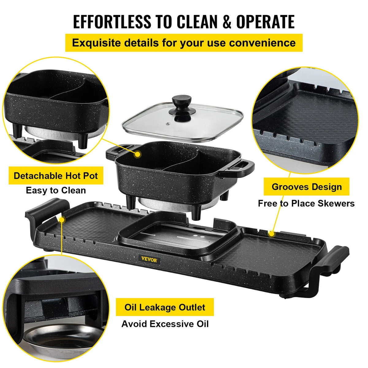 2in1 Electric BBQ Pan Grill Hot Pot 2400W Multifunction Home Portable Smokeless Nonstick Detachable Hot Pot Barbecue Plate