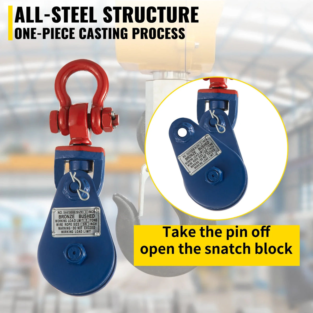 2Ton 4400LBS 3Inch Snatch Block with Chain Rigging Swivel Sheave Block 3/8 Inch Tow Lift Cable Heavy Duty for Industries