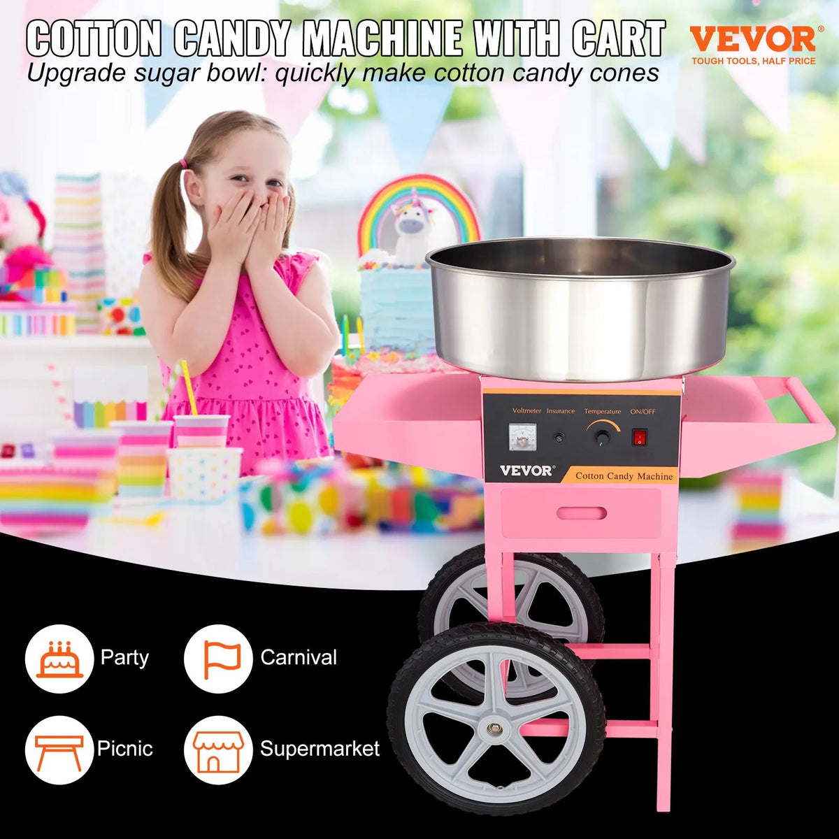 Electric Cotton Candy Machine with Cart and No Bubble Cover,1000W Floss Maker Perfect for Home,Kids Birthday,Family Party