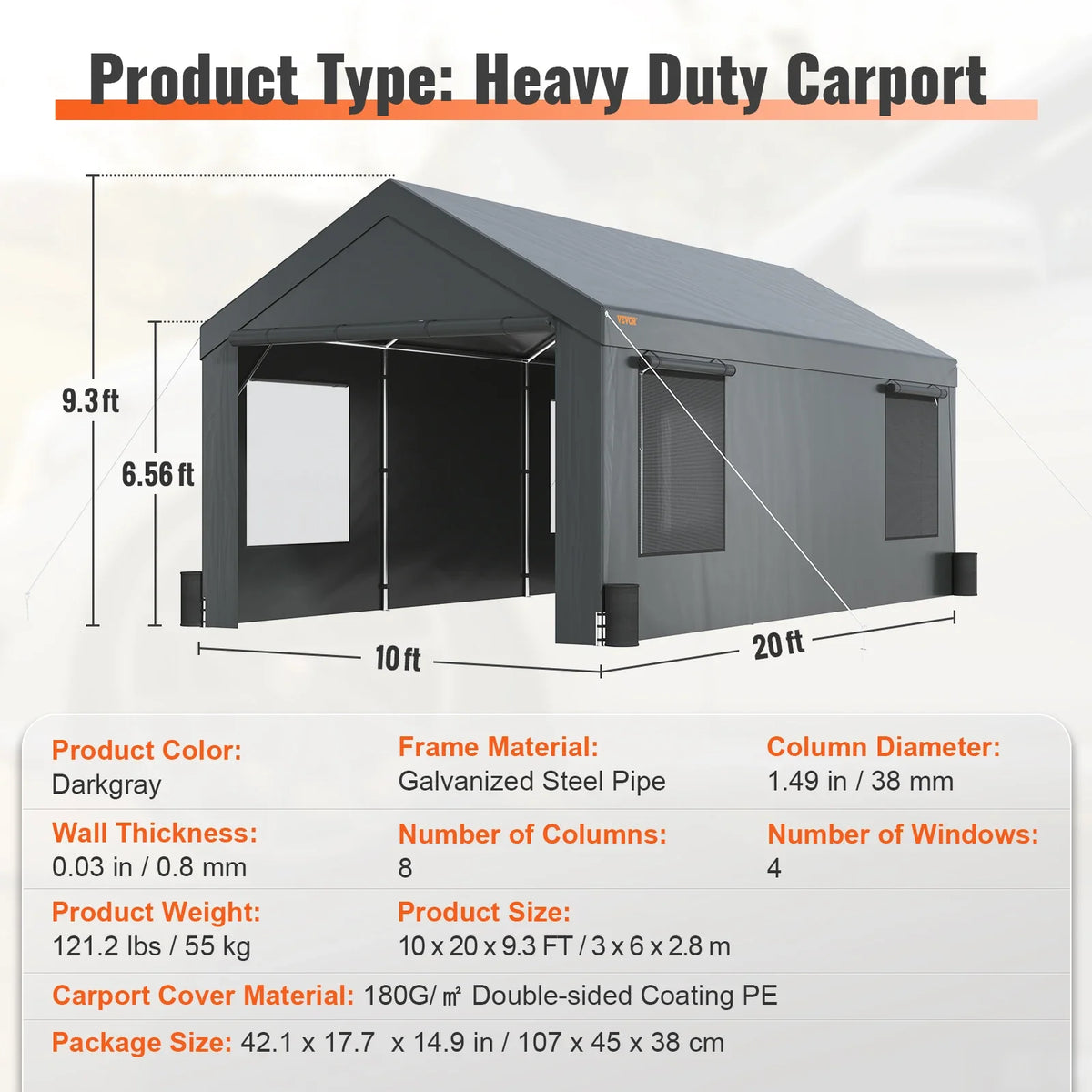 Outdoor Car Carport Heavy Duty Yard Car Canopy Garage Shelter with Removable Sidewalls UV Resistant Waterproof Car Tarp