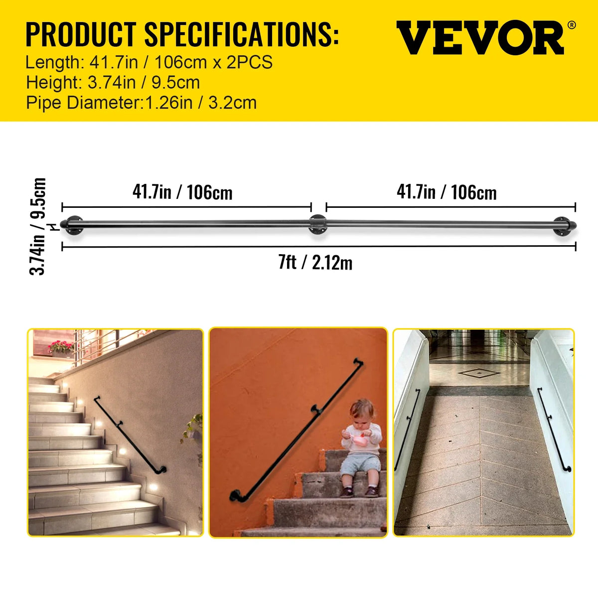 Stair Handrail Outdoor Safety Handrailings Loadable Staircase Hand Rail Stairway Straight Grab Support Round Corner Wall