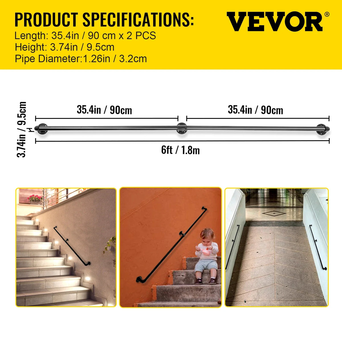 Stair Handrail Outdoor Safety Handrailings Loadable Staircase Hand Rail Stairway Straight Grab Support Round Corner Wall