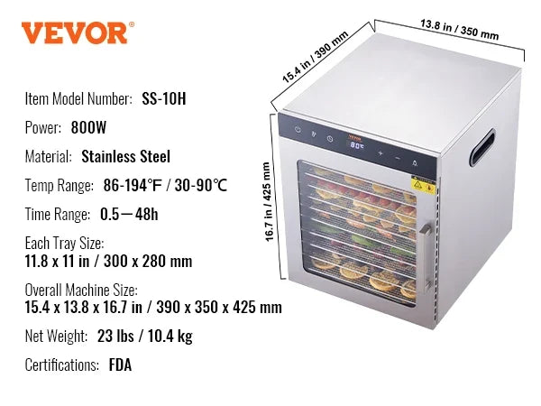 10 Trays Food Dehydrator Stainless Steel Machine 800W/1000W Household Vegetables Fruit Dryer with Digital Timer for Home