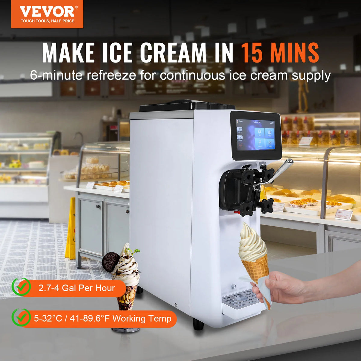 Commercial Ice Cream Maker, 10-20L/H Yield, 1000W Countertop Soft Serve Machine w/ 4.5L Hopper 1.6L Cylinder Touch Screen