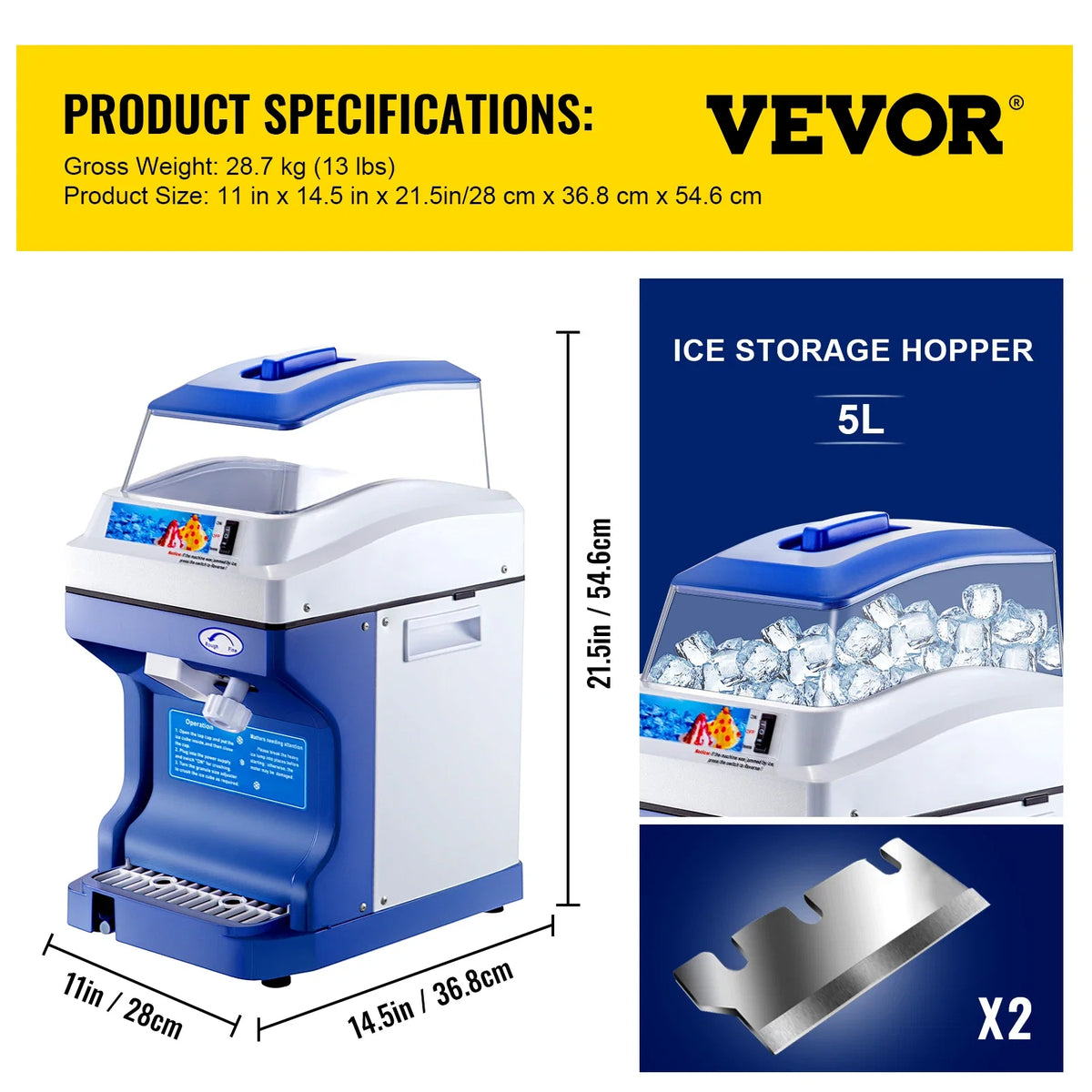 Commercial Ice Shaver 441 LBS/H Ice Shaving Capacity, Ice Shaving Machine w/ 11 LBS Hopper, 300W Snow Cone Maker 320 RPM