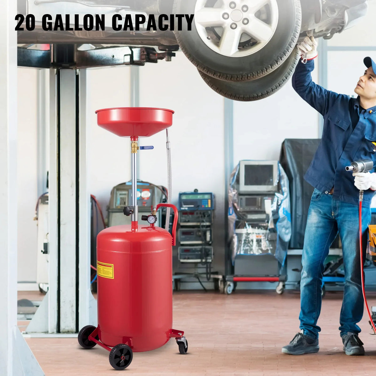20 Gal Portable Waste Oil Drain Tank Fluid Fuel Transfer Drainage Adjustable Funnel Height, with Pressure Regulating Valve