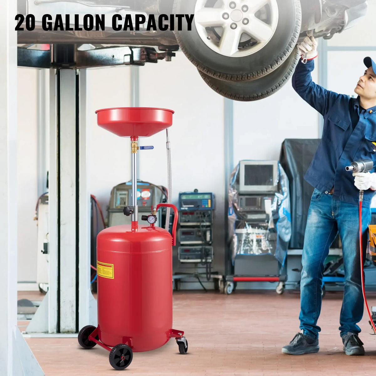 20 Gallon Portable Oil Drain Air Operated Drainer Oil Change Fluid Fuel Transfer Drainage Adjustable Funnel Height