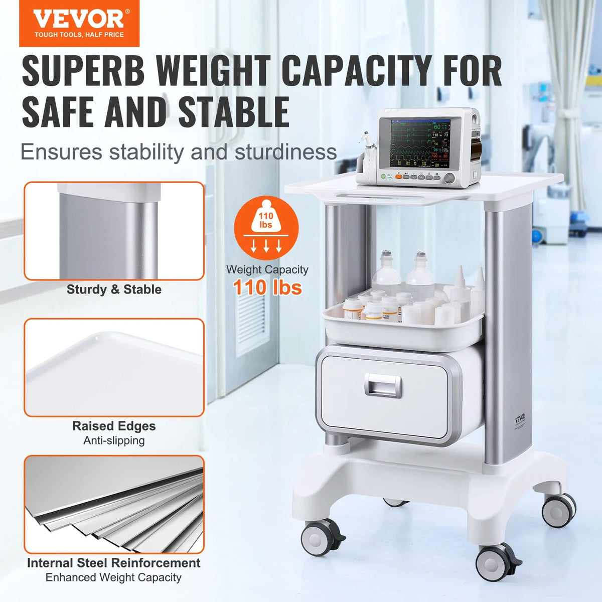 2 Tiers Lab Carts Lab Utility Cart Mobile Medical with ABS Material Lab Rolling Cart for Lab Clinic Hospital Salon