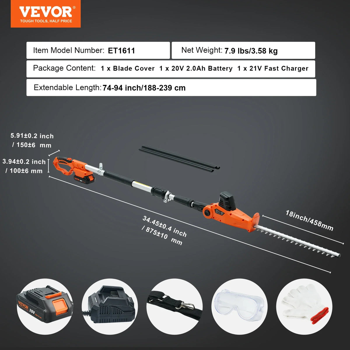 Cordless Hedge Trimmer 18in Hedge Trimmer Kit  W/Double-edged Steel Blade Pole 74"-94" Telescoping Pole for High Branches