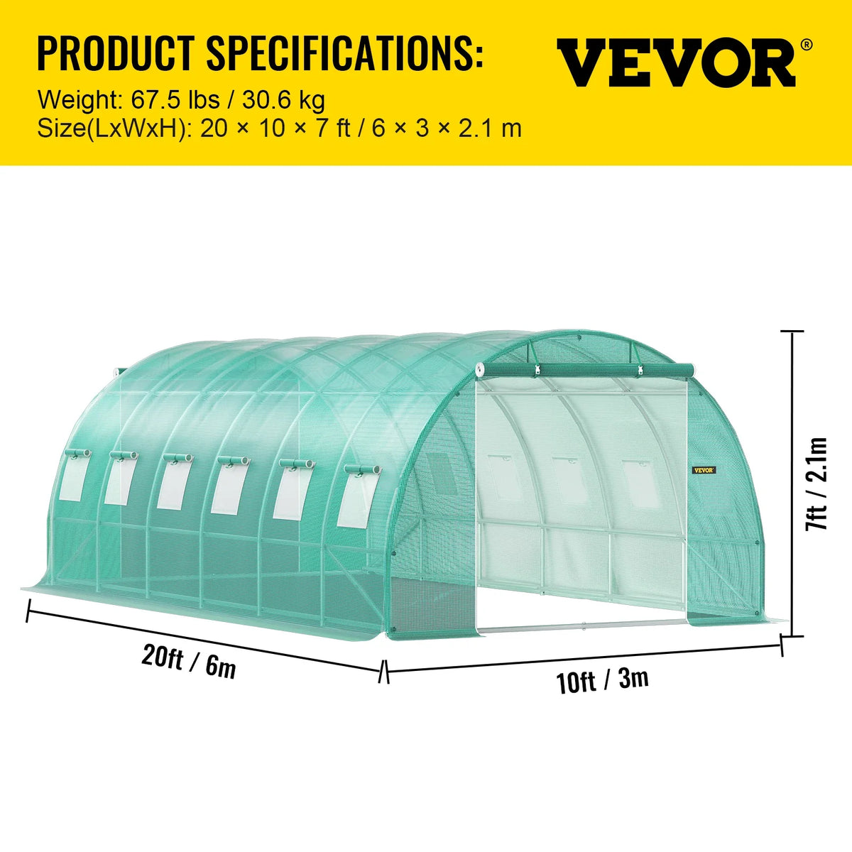 Walk-in Tunnel Greenhouse 20 x 10 x 7 ft Portable Plant Hot House with Galvanized Steel Hoops, 3 Top Beams For Plants Grow