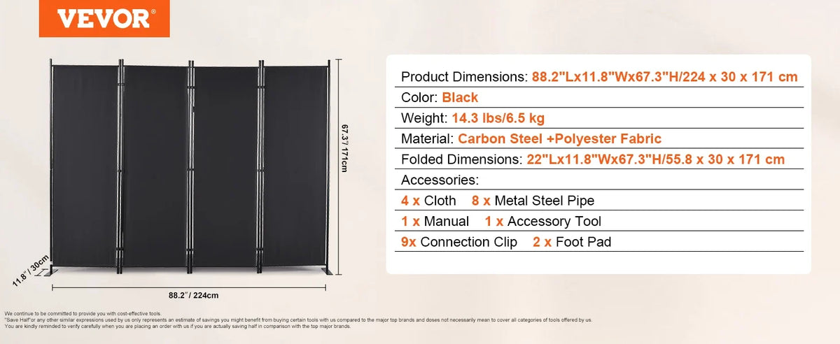 4Panel 5.6ft Room Dividers Adjustable In Size & Height Freestanding & Foldable Privacy Screen Partition for Office Home