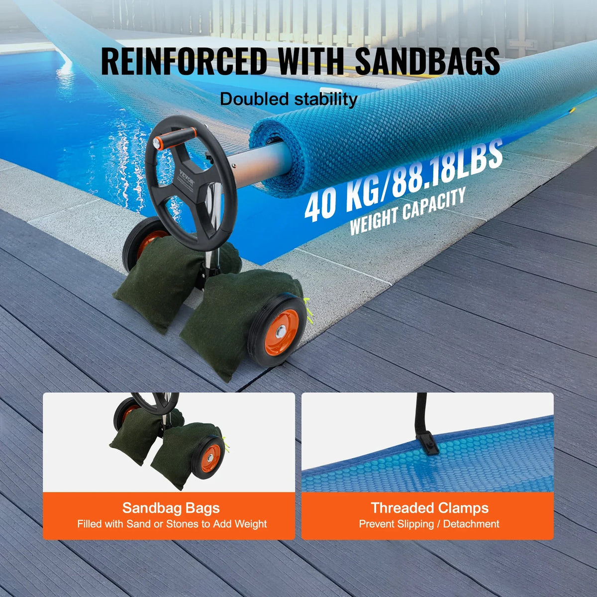 Pool Cover Reel,Aluminum Solar Cover Reel 14/18/22 ft, Inground Swimming Pool Cover Reel Set w/Rubber Wheels and Sandbags