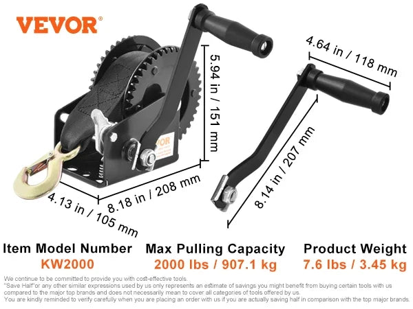 Hand Winch,Boat Trailer Winch Heavy Duty Rope Crank w/ 23ft Polyester Strap & Two-Way Ratchet,Manual Operated Crank Winch