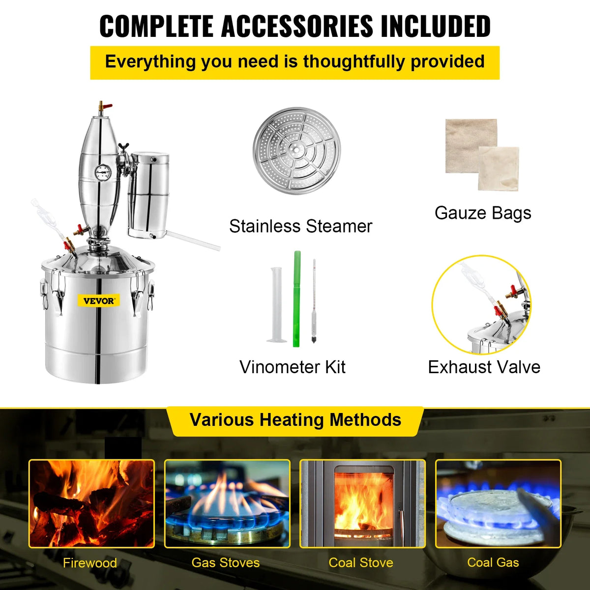 50L Water Alcohol Distiller 304 Stainless Steel Alcohol Still Wine Making Boiler Home Kit w/Thermometer for Whiskey Brandy