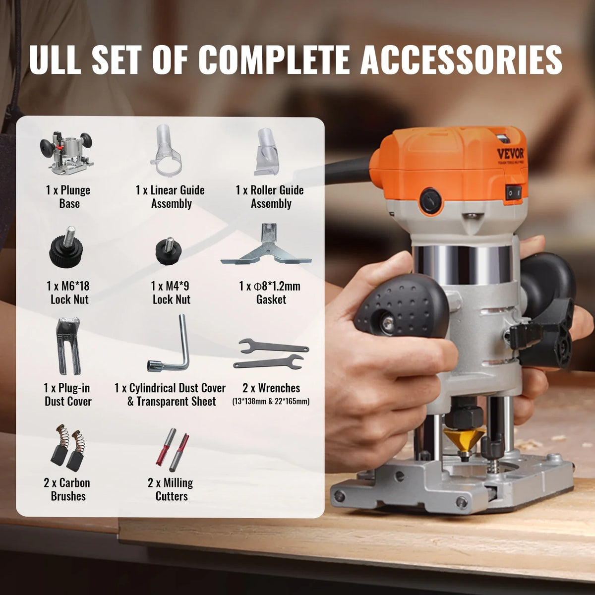 Wood Router 1.25HP 800W Compact Wood Trimmer Combo Tool 30000RPM 6 Variable Speeds for DIY Woodworking Slotting Trimming