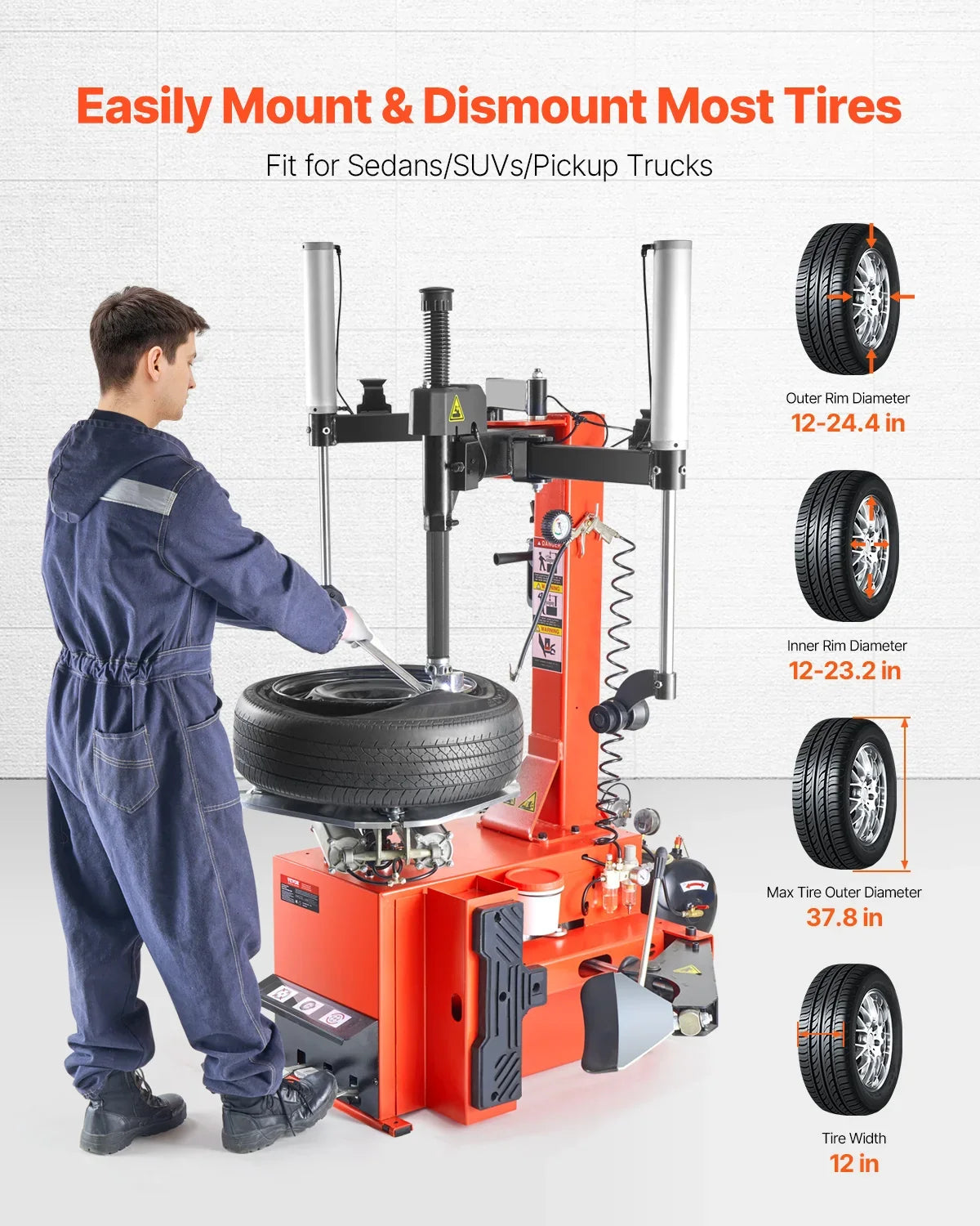 Tire Changer Machine, 1.5HP Copper Motor,  with Air Pressure Gauge & Pneumatic Assist Arm, Fit for Sedan/SUV/Pickup Truck