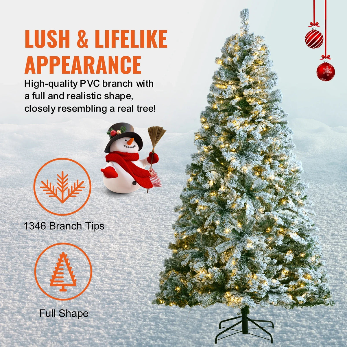 Christmas Tree 7.5ft Prelit Flocked Artificial Tree Full Holiday Xmas Tree Metal Base for Home Party Office Decoration