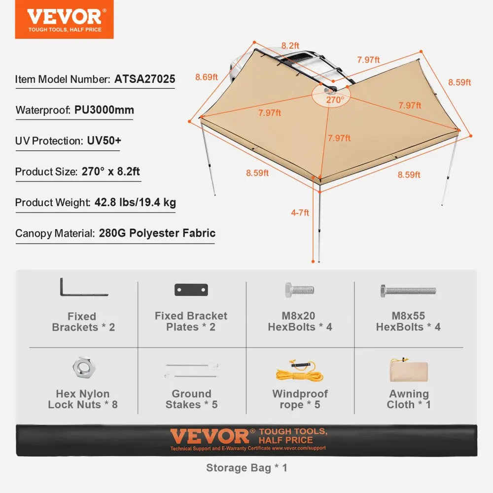 Car Side Awning 4.6"x6.6" Shade Coverage Vehicle Awning PU3000mm UV50+ Retractable Car Awning for Truck/SUV/Van/Campers