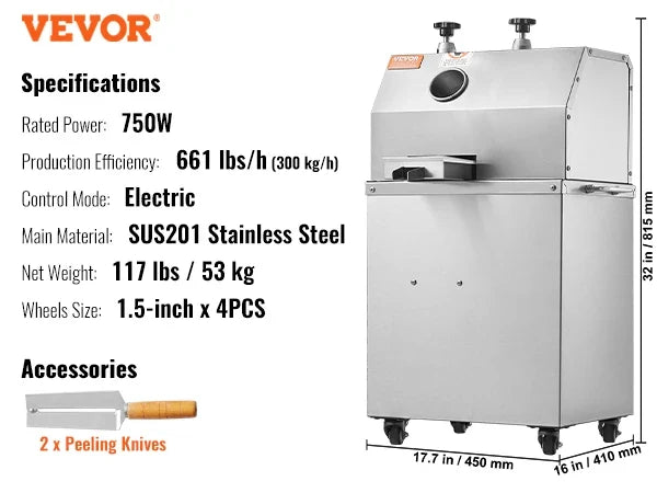 Electric Sugar Cane Juicer,750W Sugarcane Juicer Machine w/661LBS/H High Output,3 Stainless Steel Rollers,2.4" Large Inlet