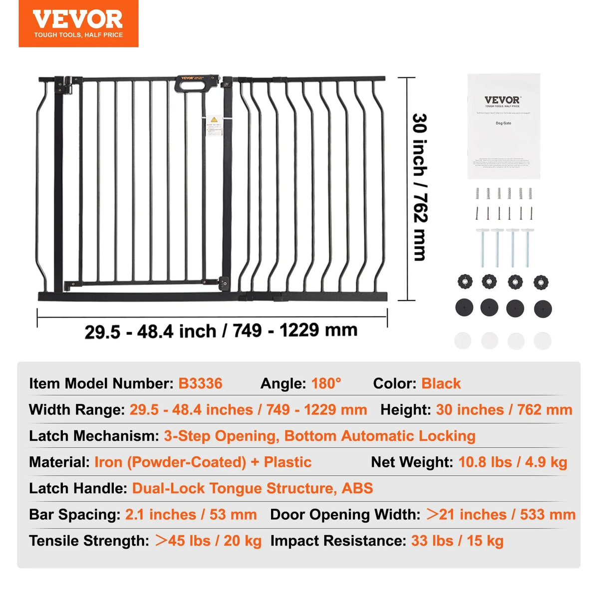 Baby Gate 29.5"-39"/ 48.4"/ 53"/ 57.8" Extra Wide 30" High Dog Gate for Stairs Doorways and House Auto Close Security Gate