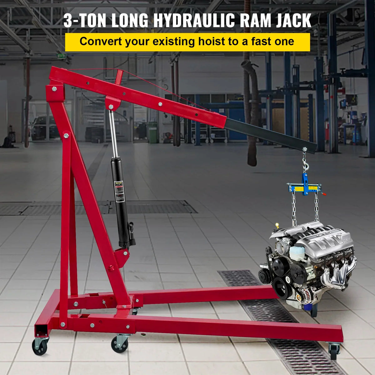 3/8/12Tons Capacity Hydraulic Long Ram Jack with Single Piston Pump and Clevis Base, for Garage Cranes, Engine Lift Hoist