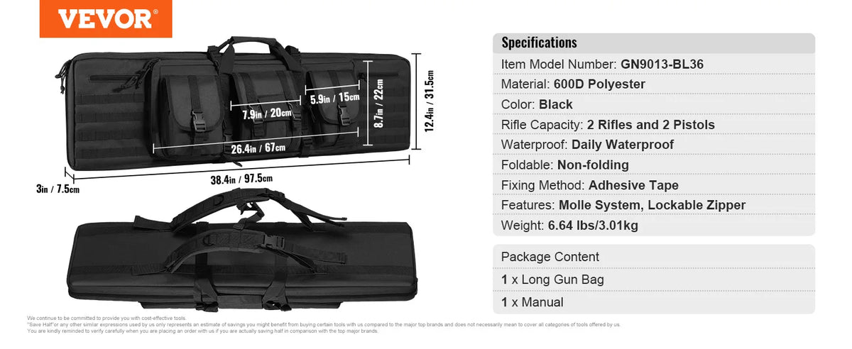 Rifle Bag 36/42 inch Tactical Double Long Gun Bag Soft Rifle Case with Lockable Zipper for Two 34"/40" Rifles & 2 Pistols