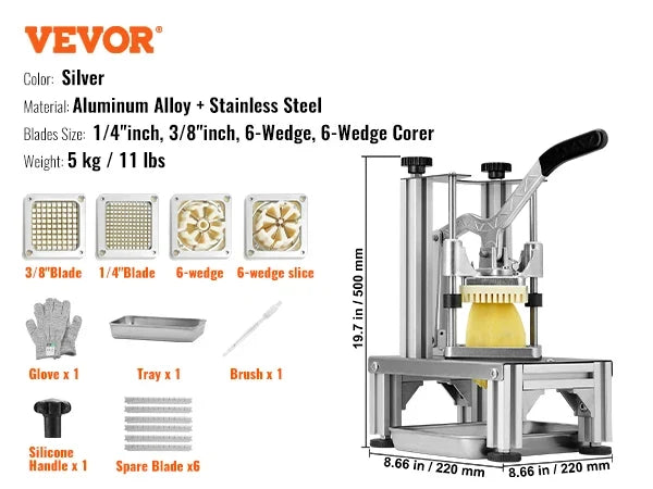 Commercial French Fry Cutter w/ 4 Replacement Blades, Different sizes Blade Chopper, 6-wedge Slicer & 6-wedge Apple Corer