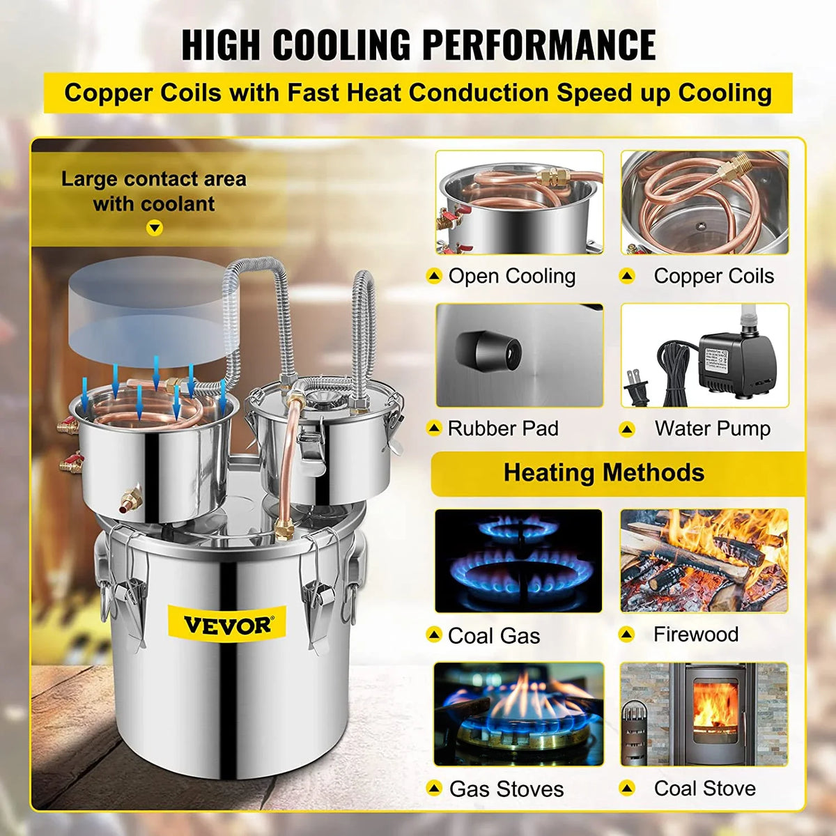 3/5/8 Gal Alcohol Still, Water Alcohol Distiller Copper Tube With Circulating Pump Home Brewing Kit Build-in Thermometer