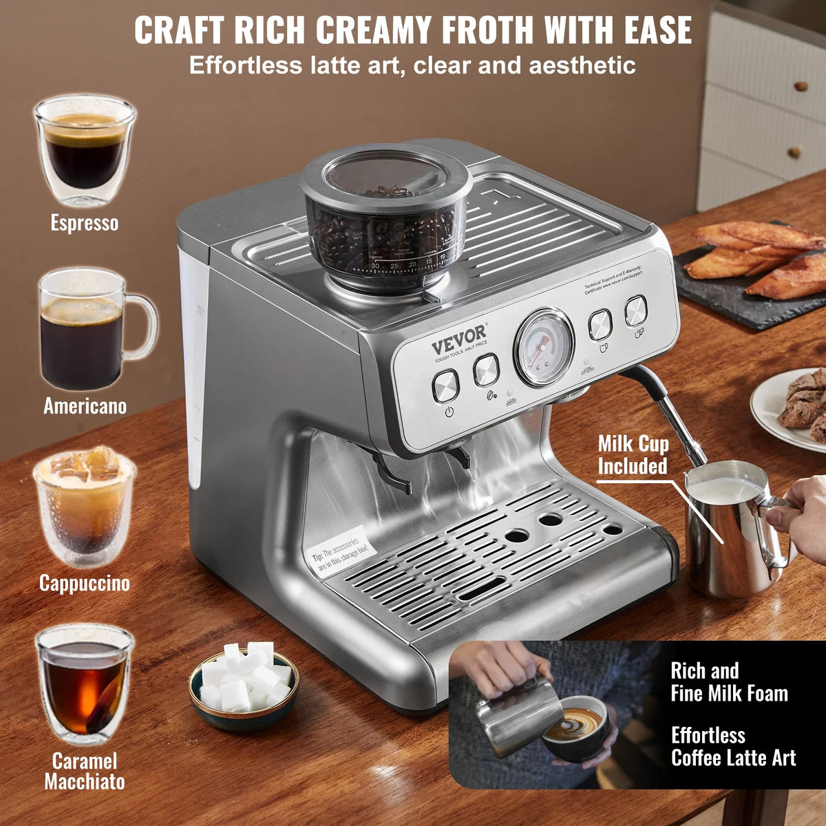 Espresso Machine with Grinder, 15 Bar Semi-Automatic Espresso Coffee Maker w/Milk Frother Steam Wand, for Cappuccino,Latte