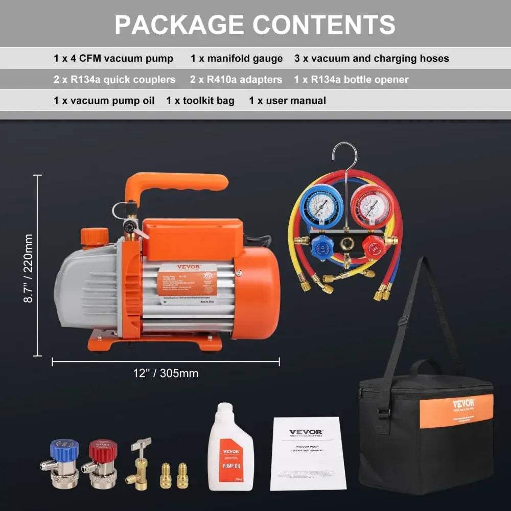 1/4 HP 4.5 CFM AC Vacuum Pump and Gauge Set, Single Stage  Air Vacuum Pump A/C Refrigerant Kit Manifold Gauge Set