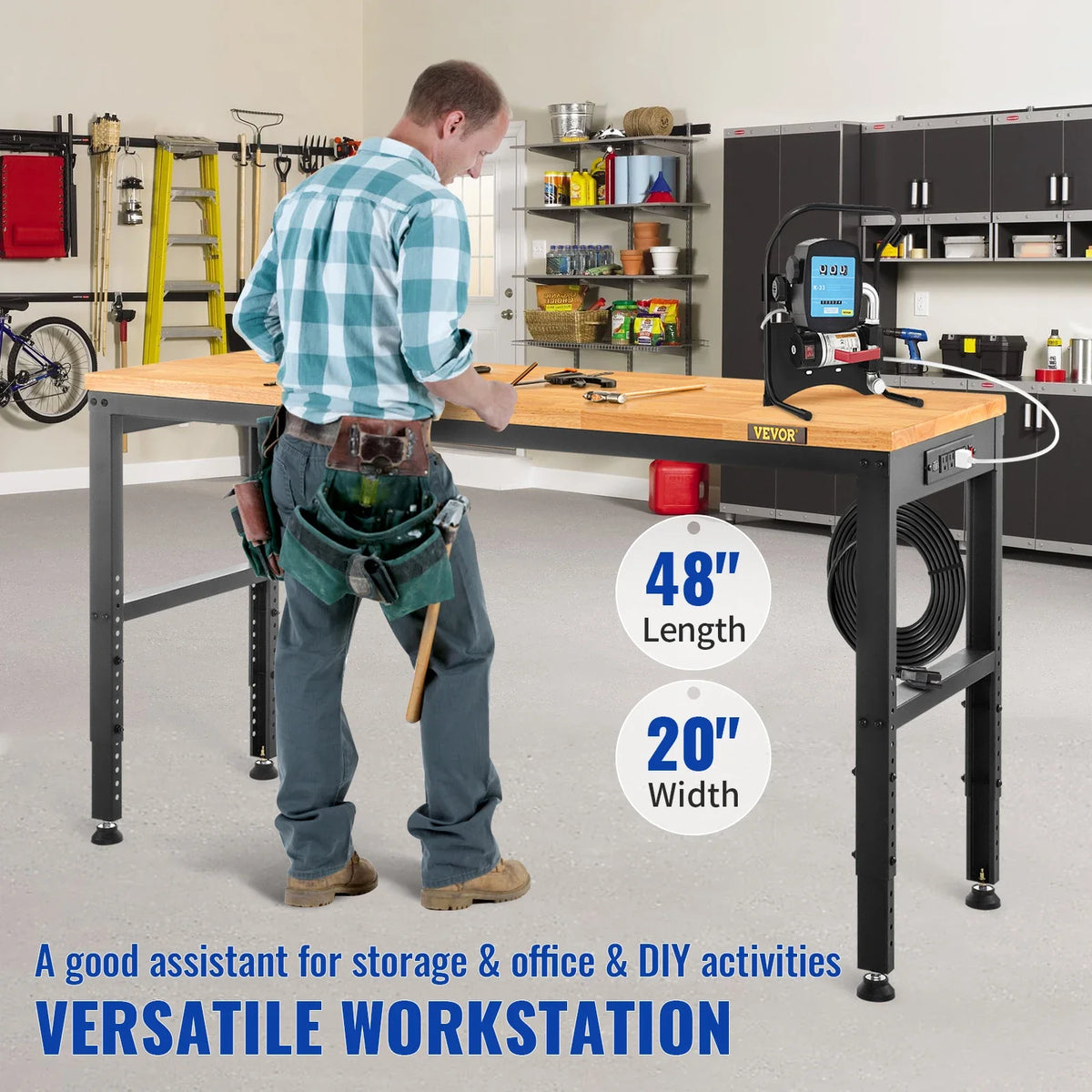 72cm Woodworking Workbench Adjustable Height Oak Wood Hardwood Top Work Table 900KG Load Capacity for Office Home Workshop