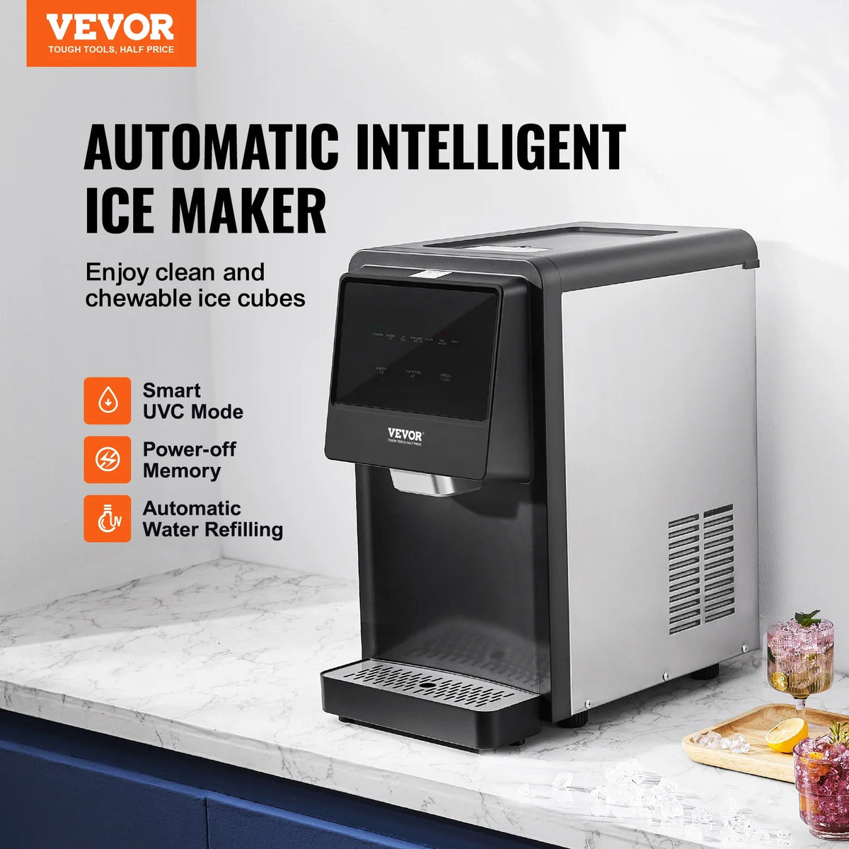 Countertop Nugget Ice Maker Auto Self-Cleaning Portable Ice Maker with Water Filling Pipe Water Filter and Drainpipe