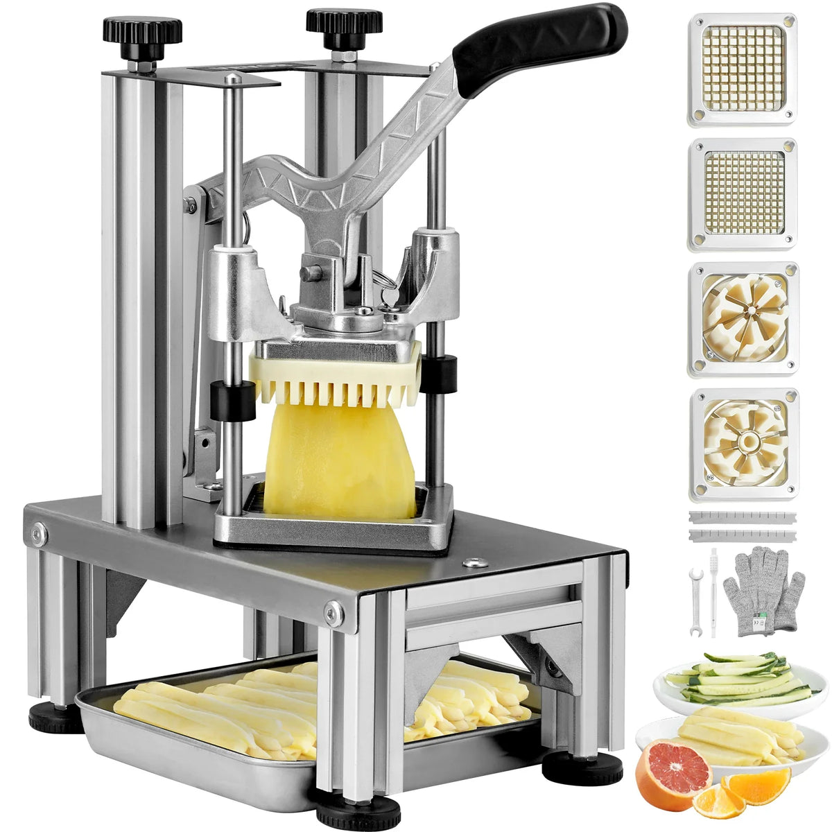 Commercial French Fry Cutter w/ 4 Replacement Blades, Different sizes Blade Chopper, 6-wedge Slicer & 6-wedge Apple Corer