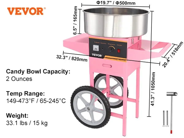Electric Cotton Candy Machine with Cart 1000W Commercial Floss Maker w/Bowl Sugar Scoop Drawer for Home Birthday Party