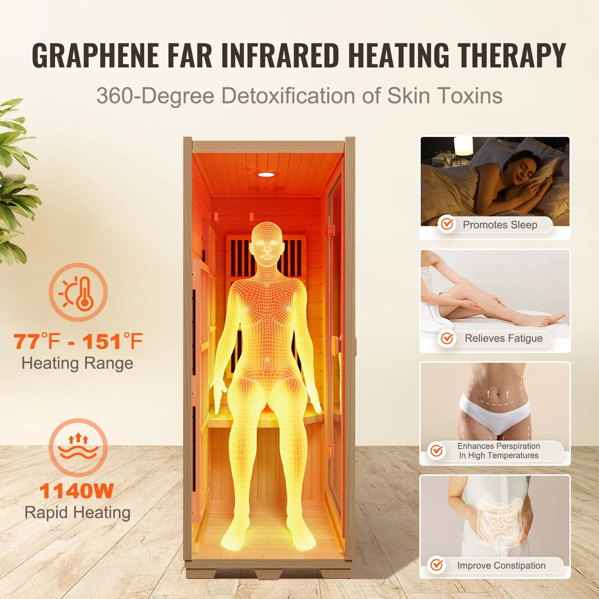 Far Infrared Wooden Sauna Room Low EMF Wood Sauna with LED Lamp & Bluetooth 1400W Indoor Use Sauna Spa for Single Person