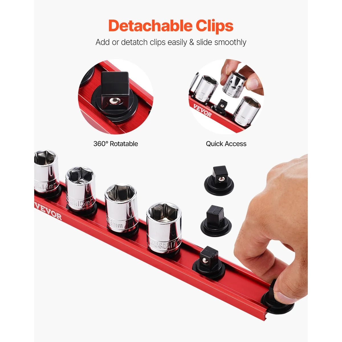 3PCS Magnetic Socket Organizer Rail Set Metric & SAE Aluminum Socket Holder 1/4'' 3/8'' 1/2'' with 360° Clips for Tool Box