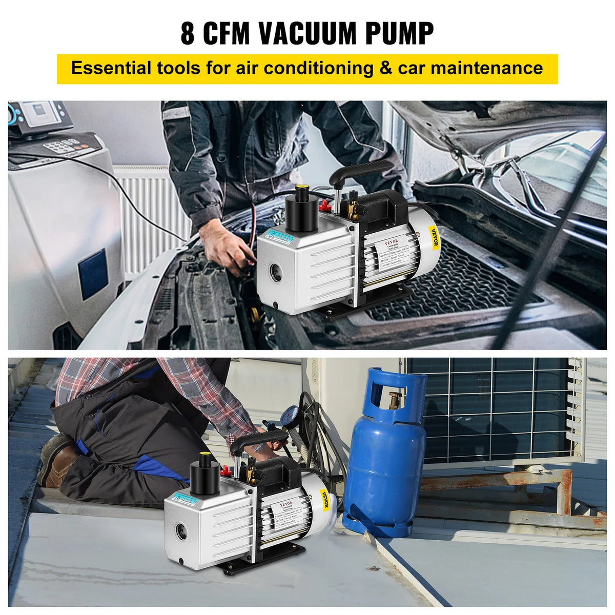 8CFM Two-Stage Rotary Vane Professional Vacuum Pump (15Micron 3/4HP 1/4"flare 3/8 SAE 1/2"ACME inlet) for Air Conditioning