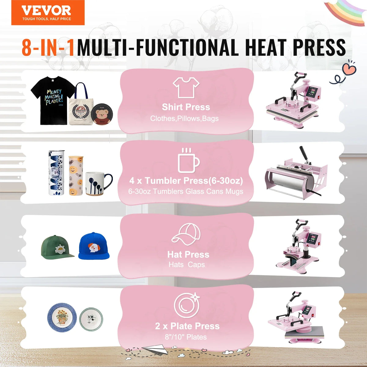 Heat Press Machine 12x15in 8-in-1 Heat Transfer Machine w/6-30oz Tumbler Press 360° Swing Away T-Shirt Pressing for Mugs