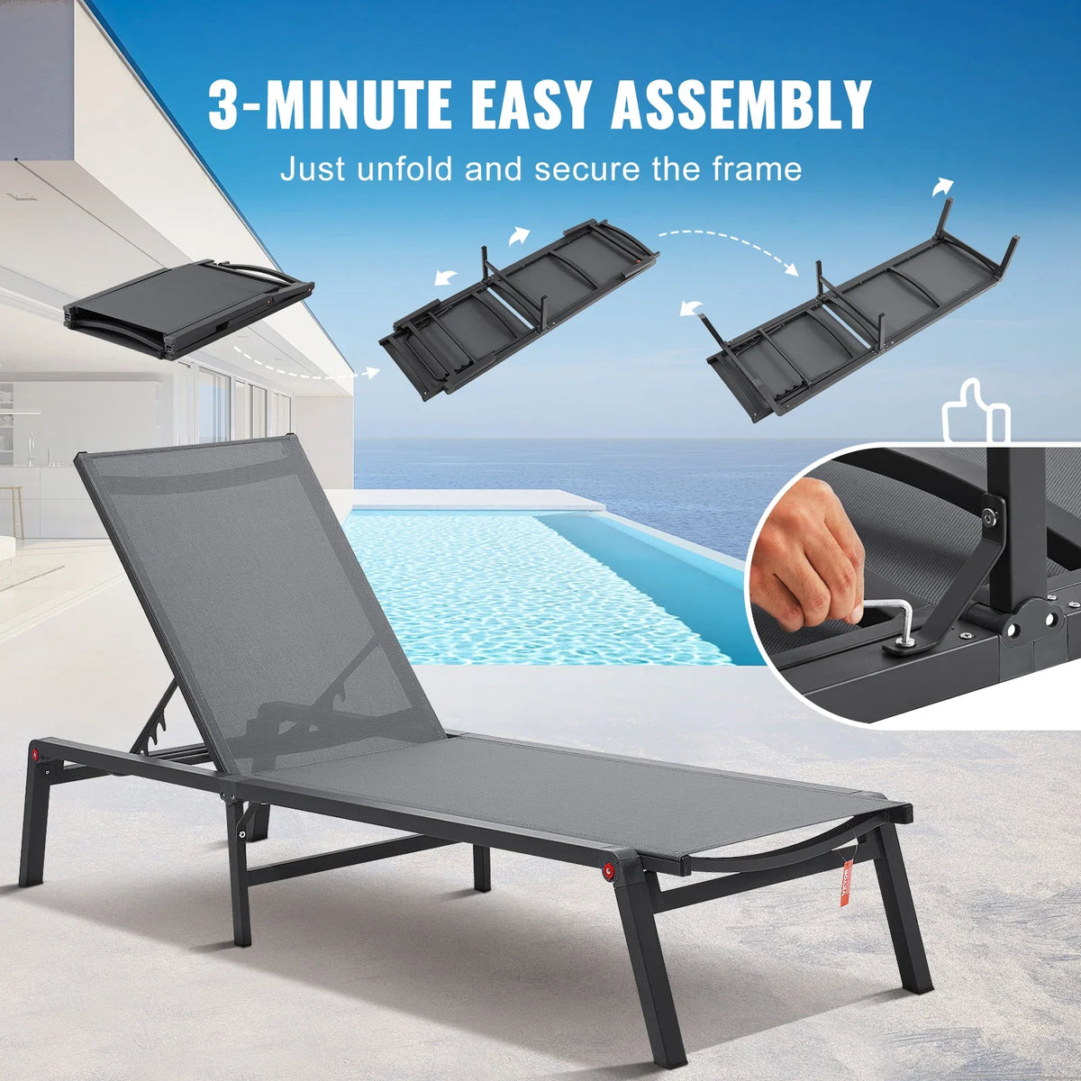 2 pcs Chaise Lounge Chairs Outdoor Aluminum Patio Lounge Chairs with Adjustable 5-Position for Patio, Beach, Pool