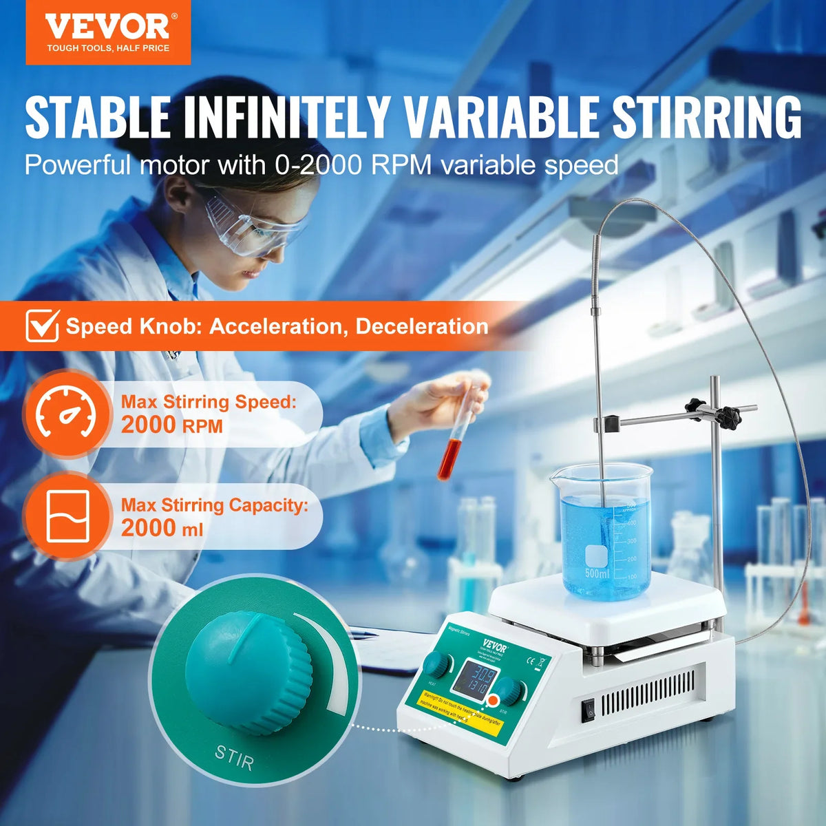 Magnetic Stirrer Hot Plate, Max 572°F/300°C, 0-2000 RPM Hot Plate w/Magnetic Stirrer,2000mL Hot Plate Stirrer w/LED Screen