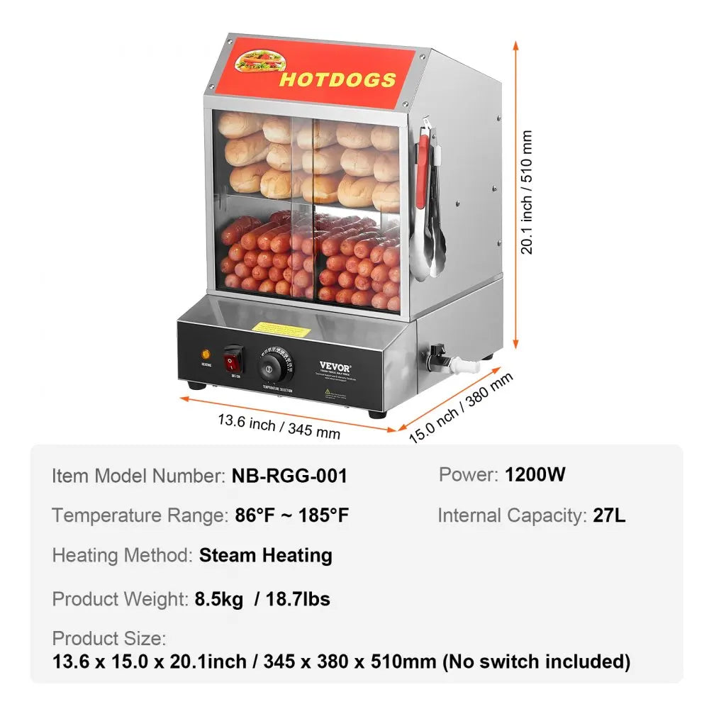 27/37 L 2 Tiers Hot Dog Steamer with Temperature Control Stainless Steel Electric Bun Warmer for Hot Dogs&Buns for Cinema