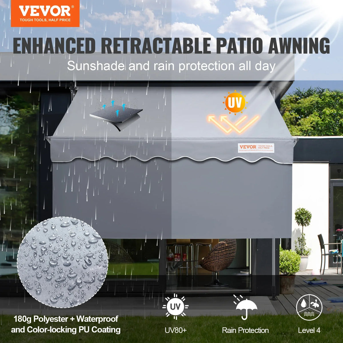 Manual Retractable Awning Outdoor Portable Sunshade Shelter Adjustable Patio Door Window Awning Canopy for Backyard Garden