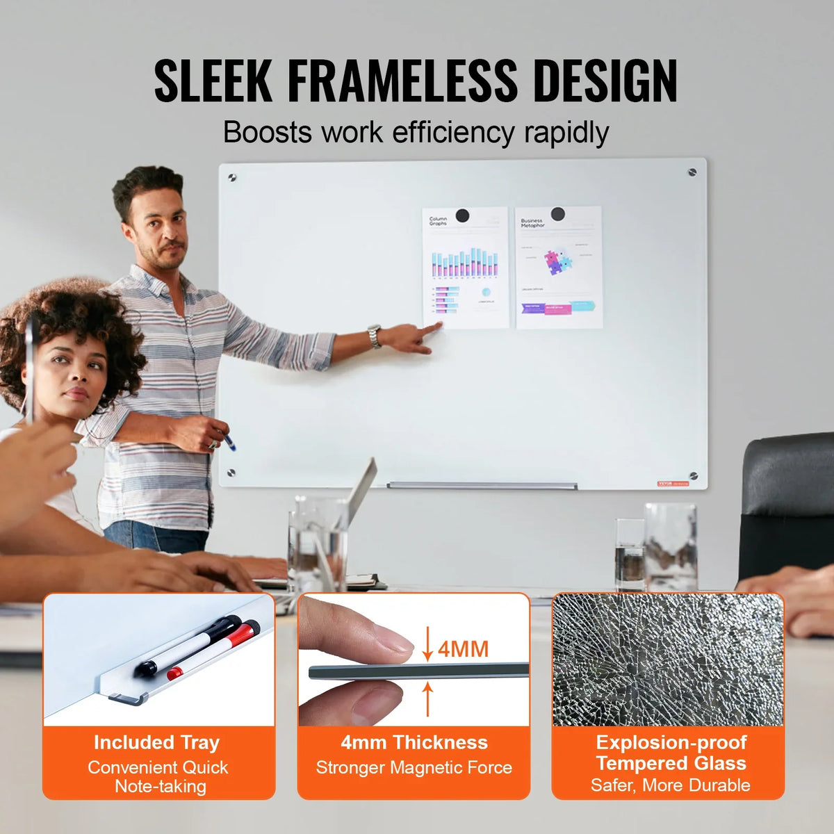 Magnetic Glass Whiteboard 48"x32" Dry Erase Board Wall-Mounted Large White Frameless Glassboard for School Office Home