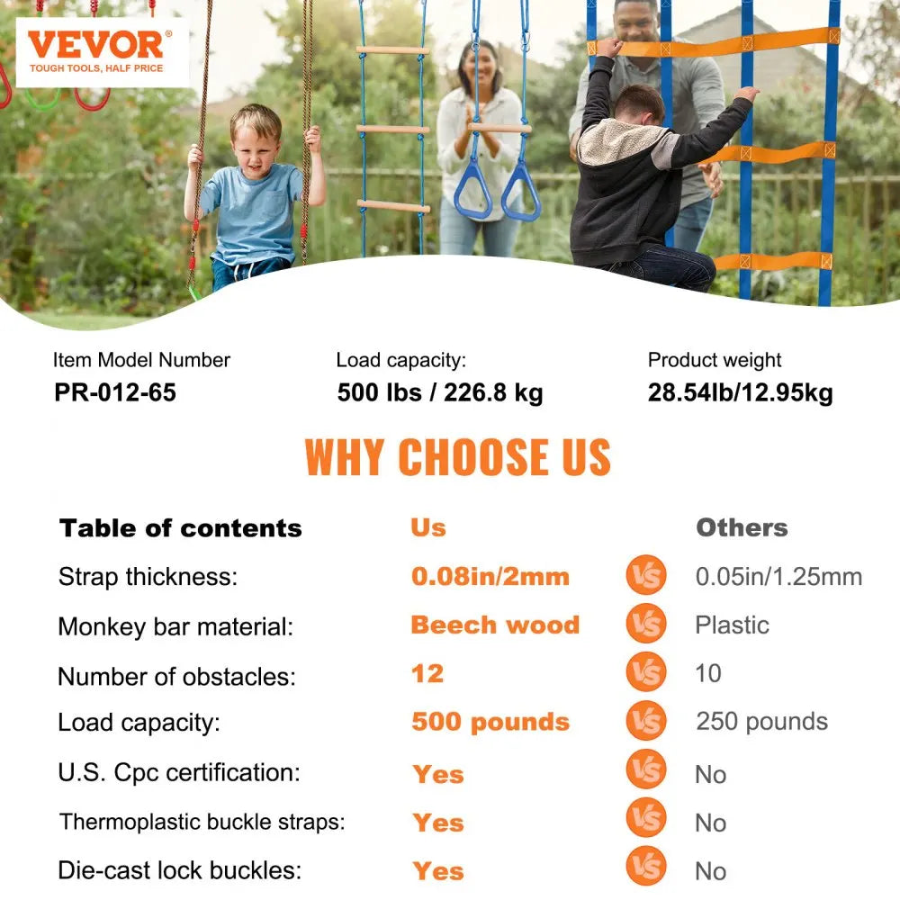 2x50/56/60/65FT Ninja Warrior Obstacle Course for Kids Weatherproof Slacklines 500lbs Weight Outdoor Playset Equipment