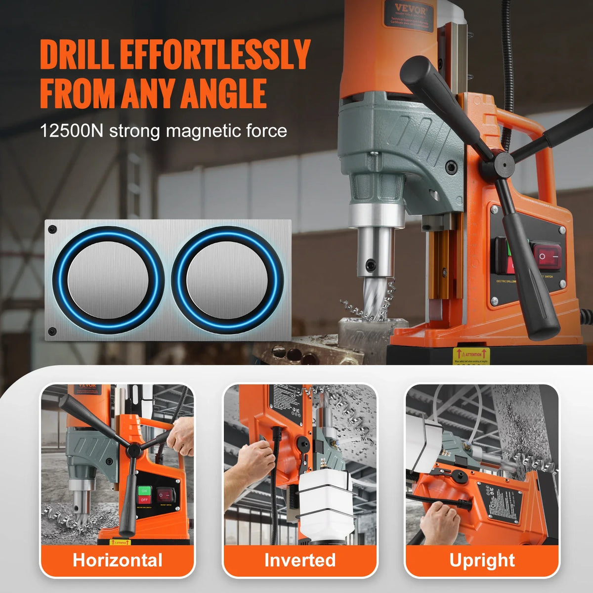 Magnetic Drill 1450W 1.57" Dia 12500N 850RPM Portable Electric Mag Variable Speed Drilling Machine for Improvement/Railway