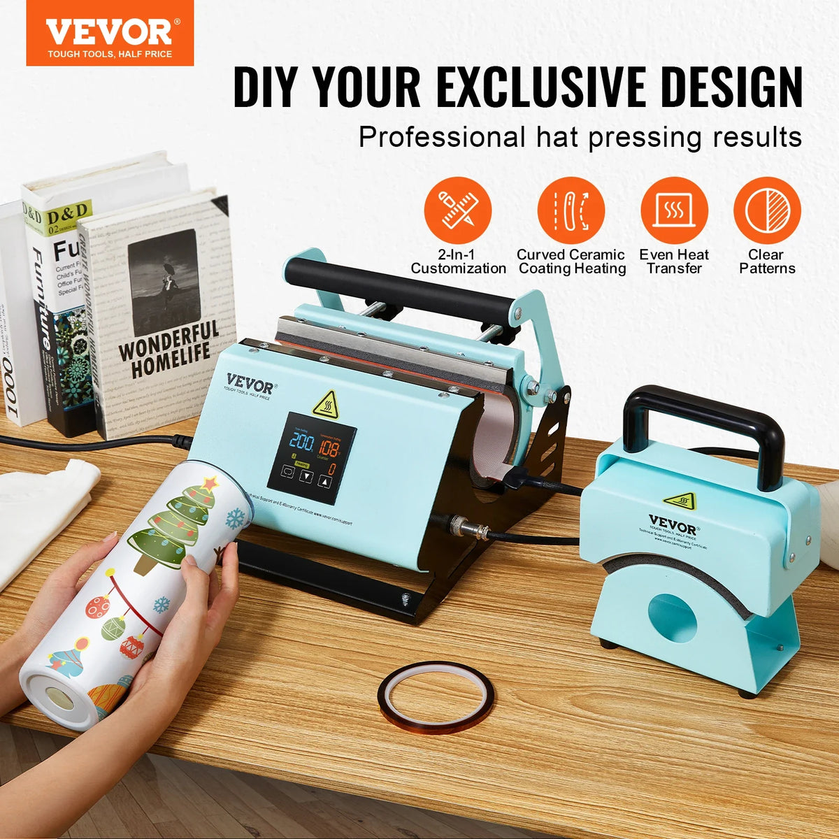 2 in 1 Tumbler and Hat Heat Press Machine for Caps and Hats, Tumbler Heat Press for 11-30oz Sublimation Tumblers and Mugs