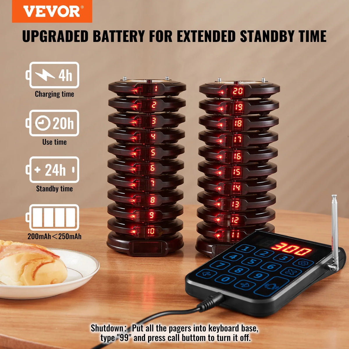 Restaurant Pager Wireless Calling System Coaster Buzzer Vibrator Bell Receiver Beeper for Food Truck Cafe Bar 20 pagers