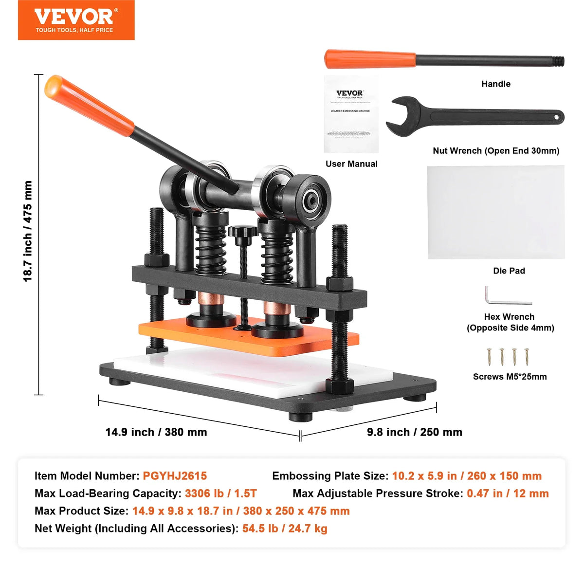 Leather Cutting Machine Embossing Plate Manual Die Cutter 0.47 in Pressure Stroke Leather Embossing Machine