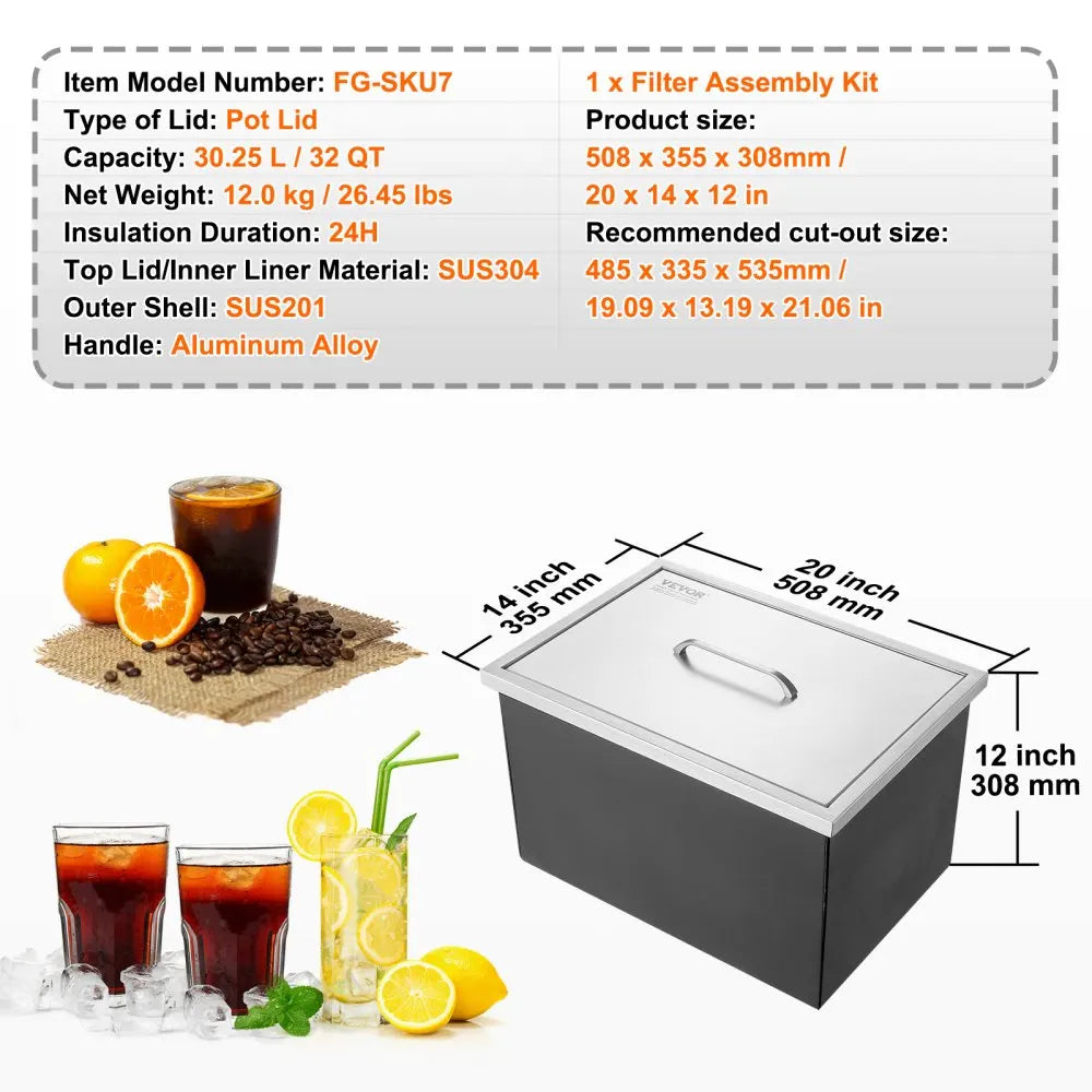Drop in Ice Chest,Stainless Steel Ice Cooler,Commercial Ice Bin with Cover,Outdoor Kitchen Ice Bar,for Cold Wine Beer