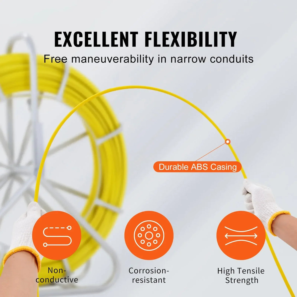 Fish Tape Fiberglass, 425/492 ft, Duct Rodder Fishtape Wire Puller, Cable Running Rod with Steel Reel Stand 3 Pulling Head